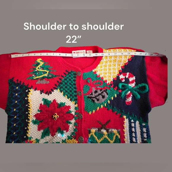 Christmas Hand Knitted Cardigan Sz Med. Red With Christmas Items Embroidered on - Picture 4 of 10